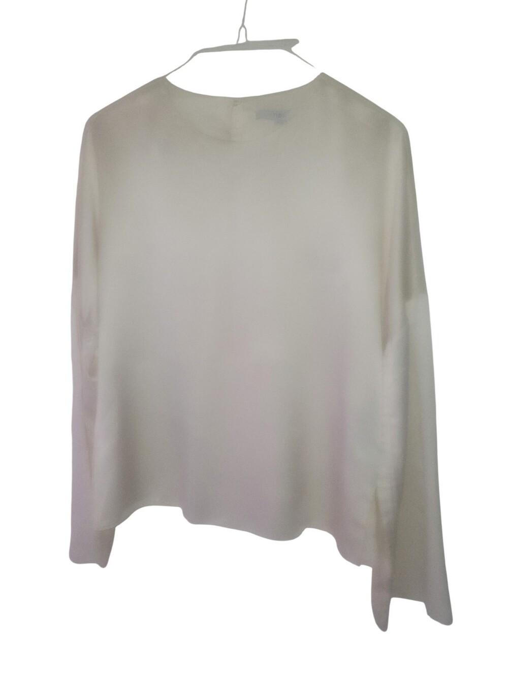 Tibi Crean Silk Satin Crew Neck Side Slits Long Sleeve Blouse M